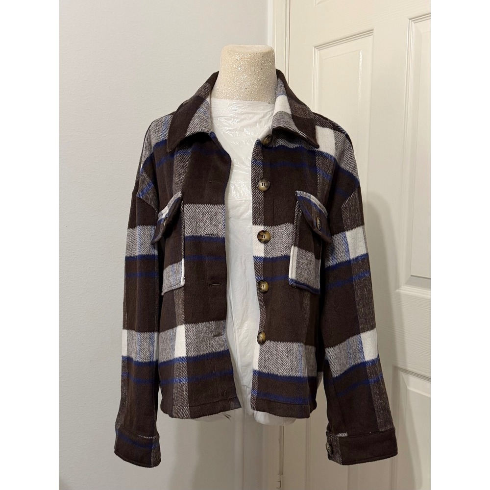 Hyfve Womens sz L Brown Plaid Button Front Shacket Shirt Jacket NWT